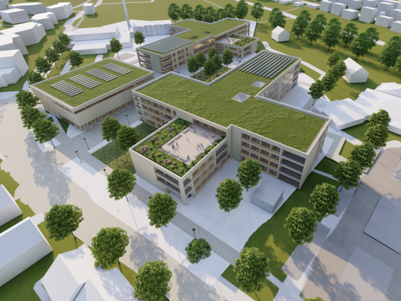 Eine Planzeichnung vom neuen Schulcampus aus der Vogelperspektive. 