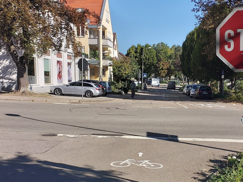 An einer Kreuzung steht ein Stop-Schild. Die Straße ist mit einem Fahrrad-Piktorgramm markiert. Im Hintergrund sind parkende Autos und Menschen auf Fahrrädern.