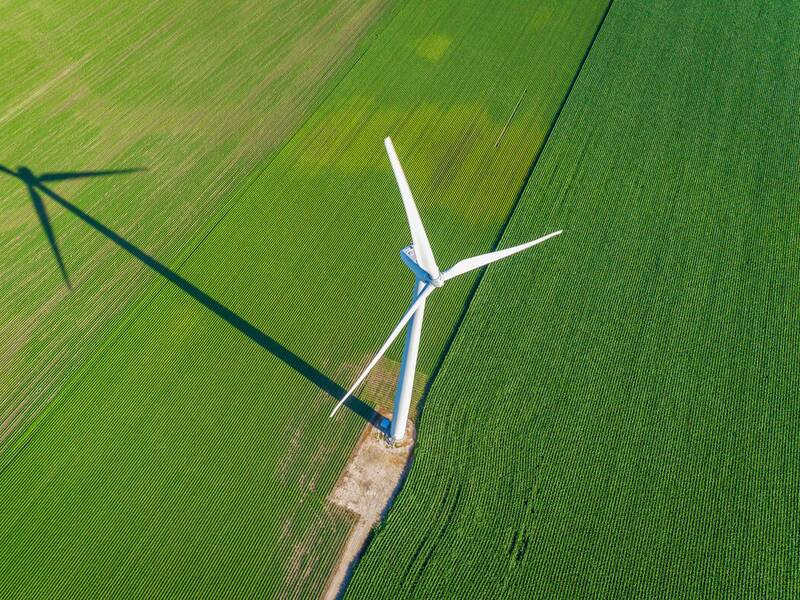 Eine Windenergieanlage steht inmitten eines grünen Feldes und wirft einen Schatten.