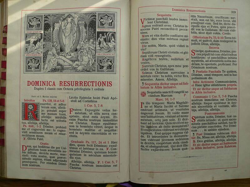Ein aufgeschlagenes Buch, bestehend aus Zeichnung und lateinischem Text, zum Auferstehungsfest des Herrn.