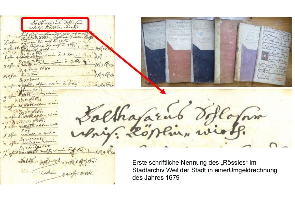 Erste schriftliche Nennung des Gasthauses in einer Umgeldrechnung des Jahres 1679 am Stadtarchiv