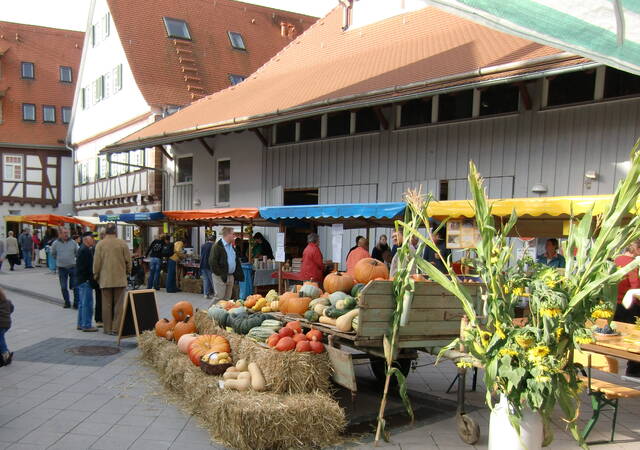 Stände des Bauermarkts im Spitalhof in Weil der Stadt