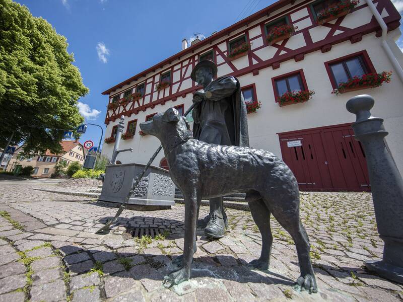 Schäfer vor dem Rathaus in Schafhausen