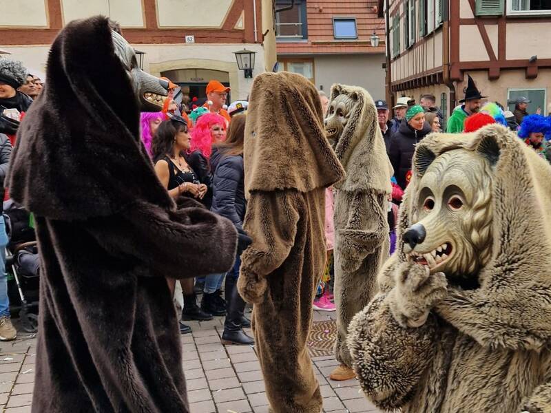 Auf dem Bild sind Weiler Bären zu sehen, wie sie während der Fasnet in Weil der Stadt unterwegs sind.
