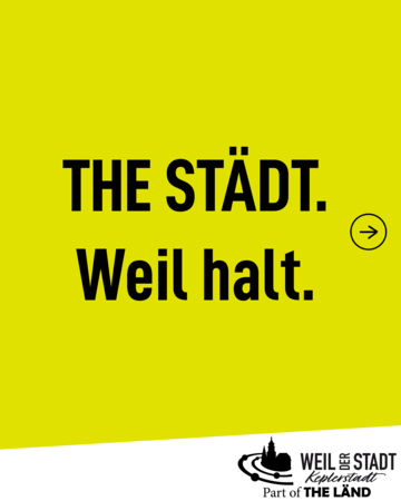 Ein gelber Hintergrund mit dem Text "THE STÄDT. Weil halt." und einem Pfeil nach rechts.