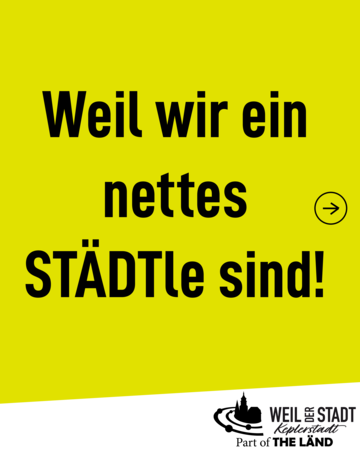 Der Text „Weil wir ein nettes STÄDTle sind!“ steht in schwarzer Schrift auf gelbem Hintergrund, begleitet von einem kleinen Pfeilsymbol.