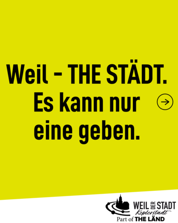 Gelber Hintergrund mit dem schwarzen Text "Weil - THE STÄDT. Es kann nur eine geben." und einem kleinen Pfeilsymbol rechts.