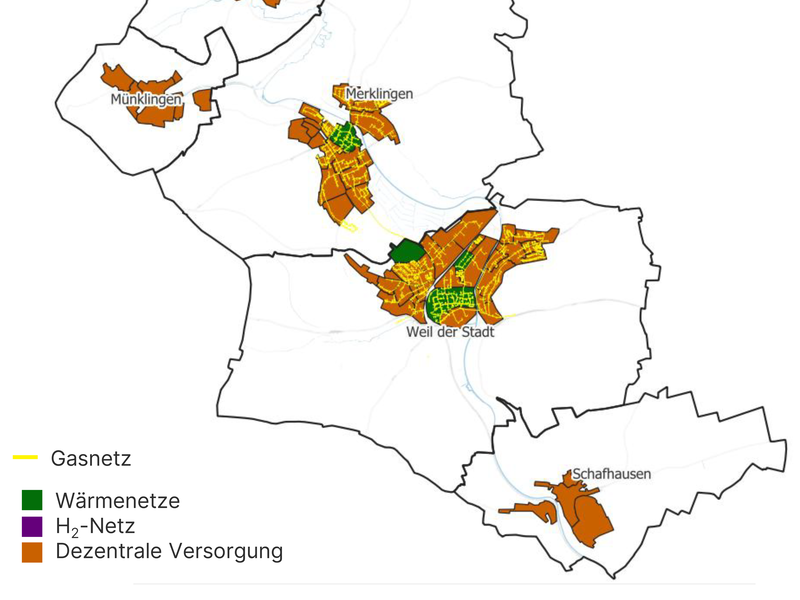 Karte vom Stadtgebiet mit dem Zielszenario für die Wärmeplanung 2040