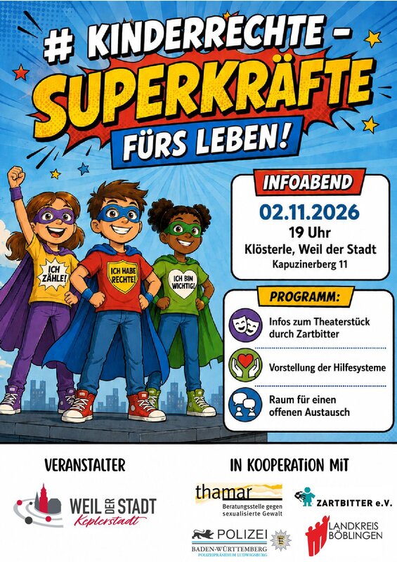 Das Bild zeigt drei fröhliche Kinder in Superheldenkostümen mit Schildern zu Kinderrechten, daneben Informationen zu einem Infoabend am 2. November 2026.
