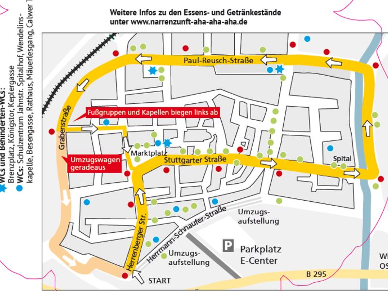 Der Lageplan zeigt in Weil der Stadt die Route des Umzugs sowie die wichtigen Start- und Zielpunkte.