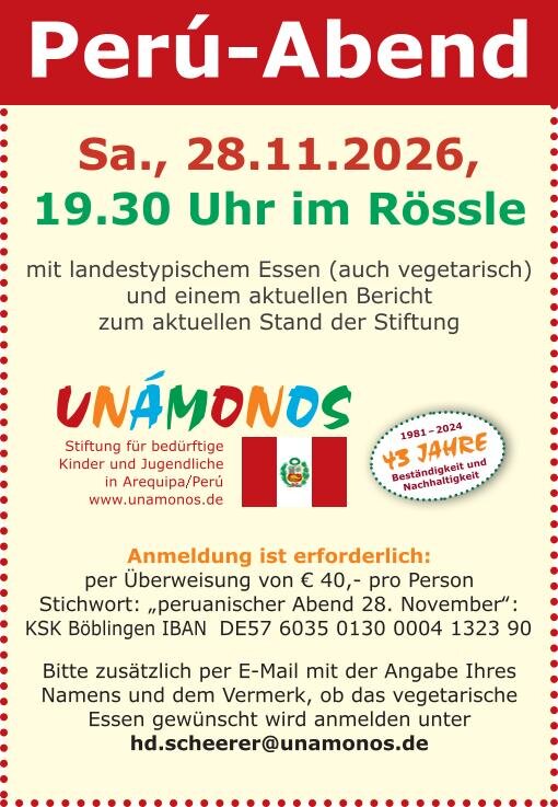 Das Plakat beinhaltet die Informationen zum peruanischen Abend am 28.11.2026 im Rössle.
