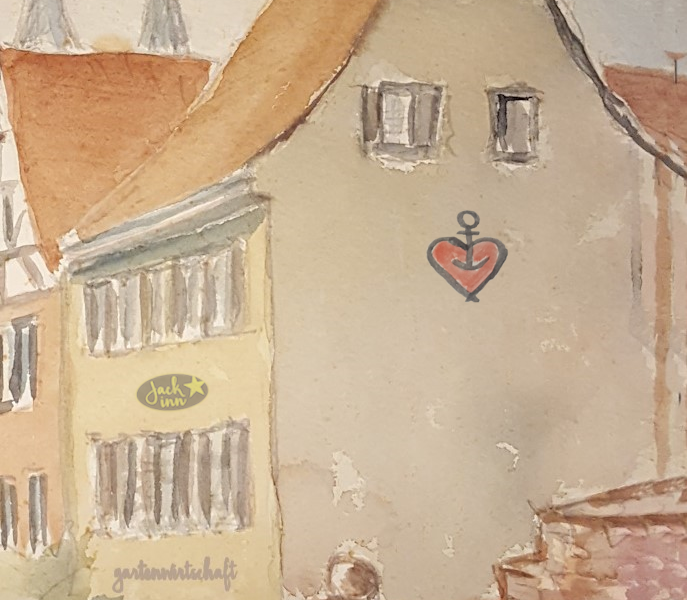 Eine Aquarellzeichnung zeigt zwei benachbarte Gebäude mit roten Dächern, davon eines mit einem Herz-Anker-Symbol an der Fassade.